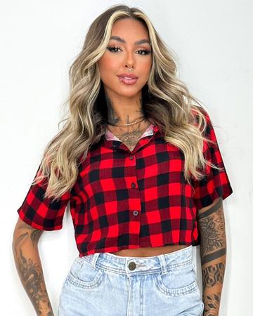 Camisa Cropped com Amarração Xadrez Vichy Laranja