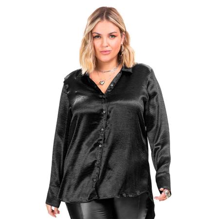 Imagem de Camisa Feminina Manga Longa Plus Size Metalizado Preto