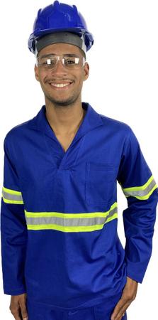 Imagem de Camisa Gola Italiana de Brim RESISTENTE com Faixa Refletivo Manga Curta Uniforme Profissional Sinalização Eletricista Construção