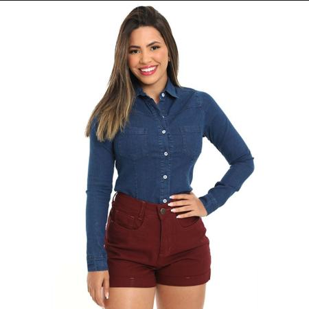 Camisa Jeans Feminina Manga Longa Slim Bamborra Camisa