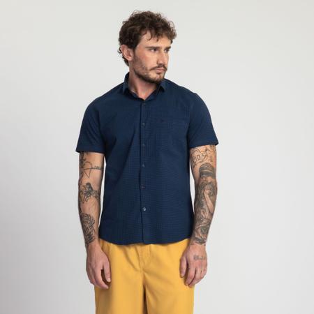 Camisa xadrez de algodão stretch com mangas curtas (Azul-marinho) - Homens