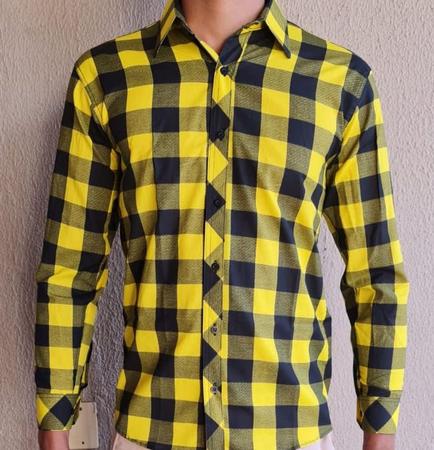 Camisa Xadrez Masculina Social Manga Longa Amarelo Preto