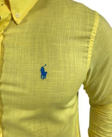 Imagem de Camisa Ralph Lauren Masculina Custom Fit Classic Amarelo Logo Azul