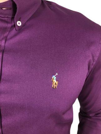 Imagem de Camisa Ralph Lauren Masculina Custom Fit Classic Roxa Logo Coloral
