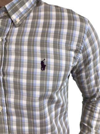 Imagem de Camisa Ralph Lauren Masculina Custom Fit Classic Xadrez Cinza e Azul Logo Púrpura