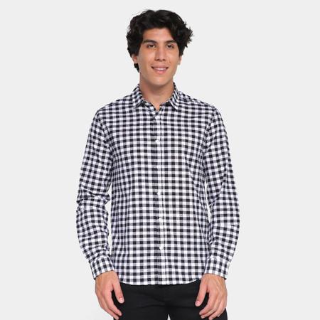 Camisa Xadrez Slim Masculina Teodoro Botões Moderna - Preto