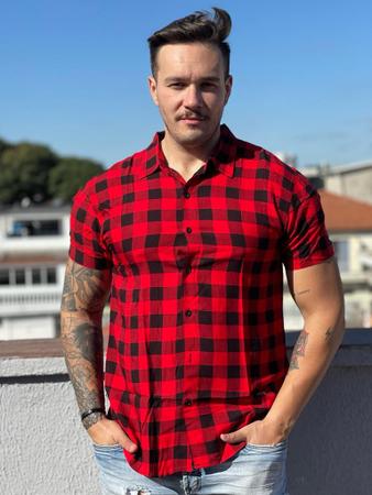 Imagem de Camisa Xadrez Masculina Flanela Lenhador Manga Curta Slim