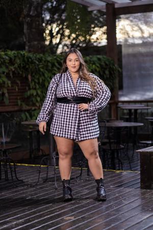 Imagem de Camisa xadrez plus size feminina longa kimono alongado festa junina coleção outono inverno