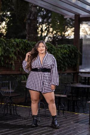 Imagem de Camisa xadrez plus size feminina longa kimono alongado festa junina coleção outono inverno