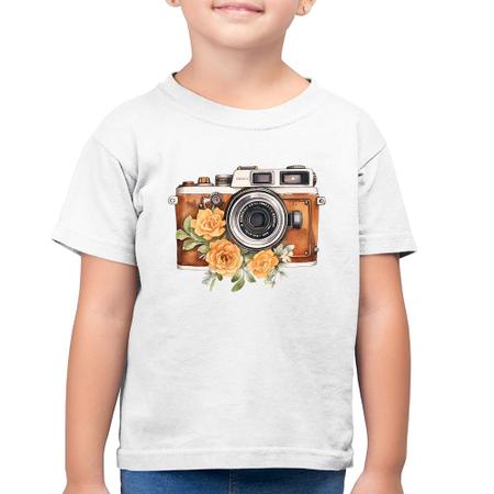 Imagem de Camiseta Algodão Infantil Máquina Fotográfica Vintage e Flores - Foca na Moda