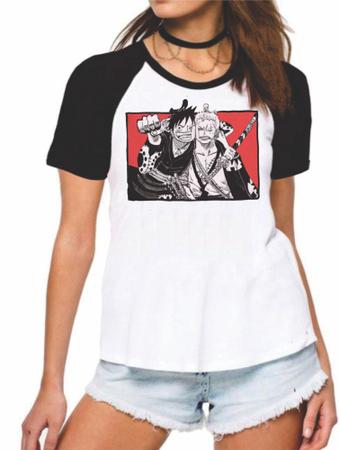 Camiseta Baby Look Luffy e Zoro com Roupas de Wano