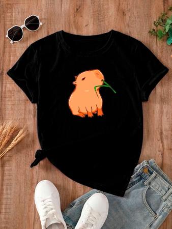 Imagem de Camiseta Feminina Capivara Comendo Matinho Básica Algodão