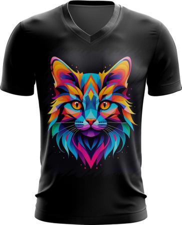 Imagem de Camiseta Gola V de Gatinho Colorido Neon Vetor 11