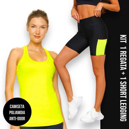 Imagem de Camiseta Regata Dry Fit MALHA FRIA POLIAMIDA + Short Leg Legging COM BOLSOS Conjunto Fitness 552