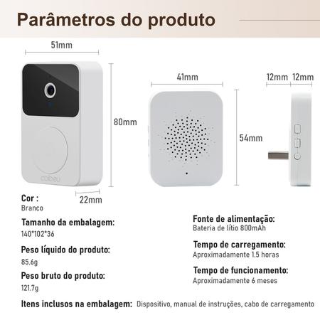 Campainha Porteiro Eletrônico sem Fio Wifi Câmera c/ Visão Noturna a Prova  D'agua - HM - Campainha - Magazine Luiza