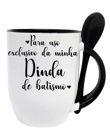 Imagem de Caneca Preta Colher Dinda Madrinha Batizado Batismo Bebê