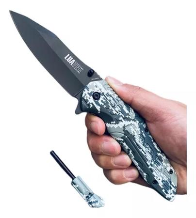 Imagem de Canivete Navalha Tático Militar Com Pederneira Abertura Semi Automático Trava De Segurança