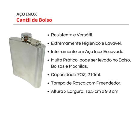 Imagem de Cantil Bolso Garrafinha Porta Bebidas Cachaça Aço Inox 210ml