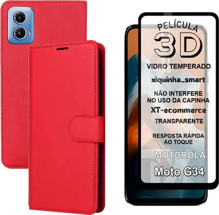 Imagem de Capa Capinha Carteira Couro + Película 3D Vidro Para Moto G34