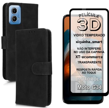 Imagem de Capa Capinha Carteira + Película 3D da Tela Para Motorola  Moto G34 - cores verificar estoque.