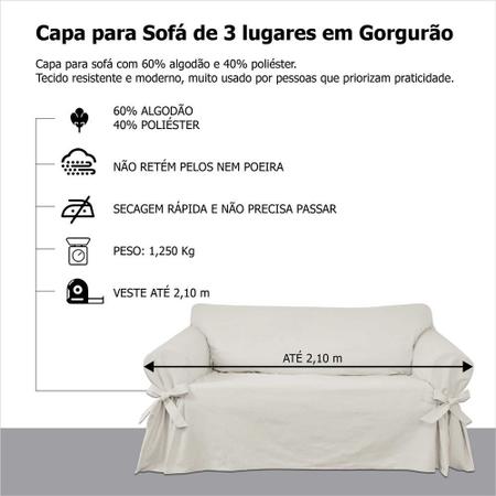 Imagem de Capa para Sofá de 3 lugares até 2,10m em Gorgurão Sala Lisa Confortável Resistente Pets Cachorro Gato Lar
