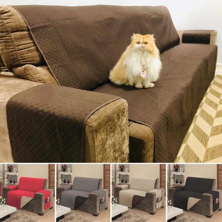 Imagem de Capa para sofa fixo ou reclinavel de 2 e 3 lugares em dupla face impermeavel ideal para gatos e cachorros com acabamento em viés e matelado com porta 