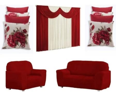 Imagem de Capa pra sofa 2 e 3 lugares + 1 cortina paris 2x1,70 + 4 capas de almofada 2 lisa 2 florida