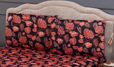 Imagem de Capa Protetora de Colchão Casal 25cm e de Travesseiros com Zíper Malha Gel 3 pç Estampa 4 Folhas Vermelho e Preto