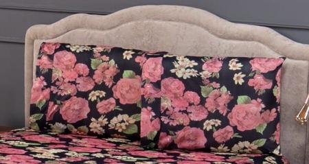 Imagem de Capa Protetora de Colchão King 40cm e de Travesseiros com Zíper Malha Gel 3 pç Estampa 8 Floral Preto e Rosa