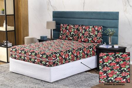 Imagem de Capa Protetora de Colchão Queen 30cm e de Travesseiros com Zíper Malha Gel 3 pç Estampa 21 Floral Vermelho e Preto