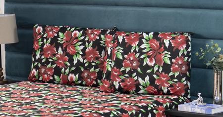 Imagem de Capa Protetora de Colchão Queen 30cm e de Travesseiros com Zíper Malha Gel 3 pç Estampa 21 Floral Vermelho e Preto