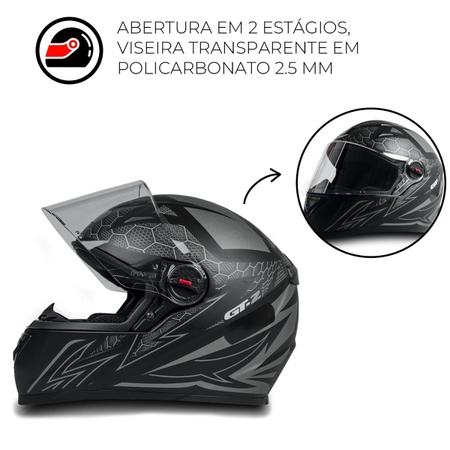 Imagem de Capacete Fechado Moto Com Narigueira E Casco Em ABS Resistente Gt2 Preto Fosco Tamanho 60 Inmetro