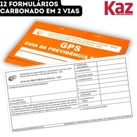 Imagem de Carnê Guia Previdência Social GPS INSS 12 Formulários Carbonados em 2 Vias Kaz - 18,5x11cm - Unidade