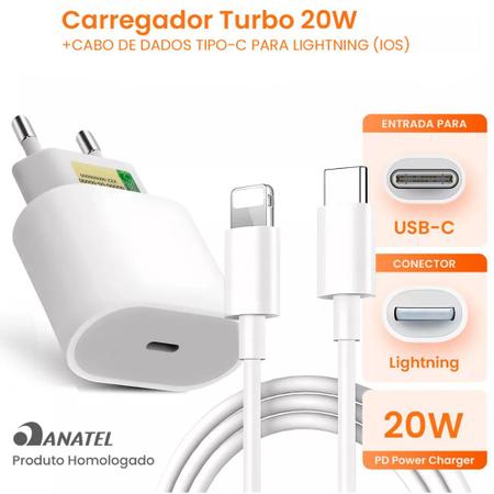 Imagem de Carregador 20W Turbo Fonte USB-C + Cabo 1M Compatível Iphone SE / X / XR/ 11 / 12/ 13 Mini Pro Max
