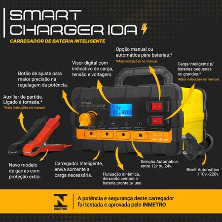 Imagem de Carregador de Bateria Automotivo Smart Charger 10A Digital 12V 24V Voltímetro Amp Indicador Carga Caminhão Carro Moto