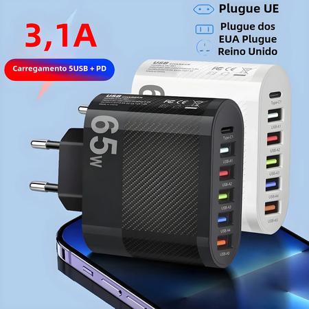 Imagem de Carregador de Parede USB 5 Portas com Tecnologia PD, QC 3.0 e 3.1A