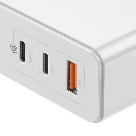 Imagem de Carregador Parede Triplo Multiportas Entradas 2x USB-C + 1x USB 120w GaN Turbo Portátil Base Tomada