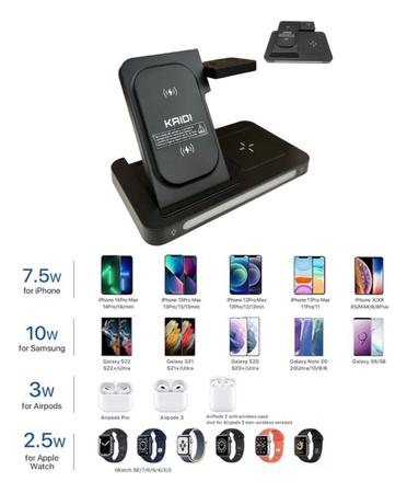 Imagem de Carregador Por Indução Dobrável 3 Em 1 Sem Fio Kaidi Android iOS Smartwatch Smartphone Fone