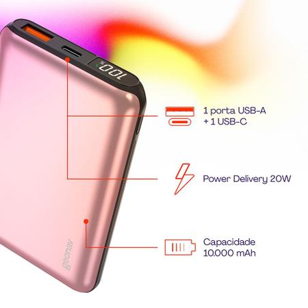 Imagem de Carregador Portátil Power Bank Geonav, 10.000 MAh, Rosa Dourado - PB10K20WRG