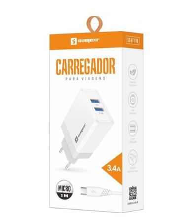 Imagem de Carregador Rápido 3.4A Fonte 2 Entradas USB + Cabo Original Sumexr V8 Para Multilaser MS45, MS45S