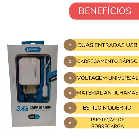 Imagem de Carregador Turbo 2 Entradas USB Sumexr Cabo de dados 3.4 Tipo C