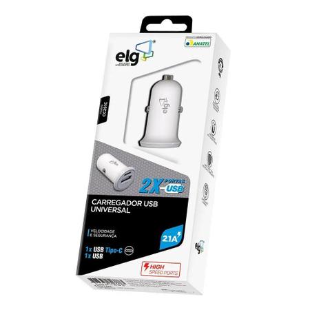 Imagem de Carregador Veicular ELG CC2STC USB/USB-C/2 Portas 2.1A/ 5V Branco