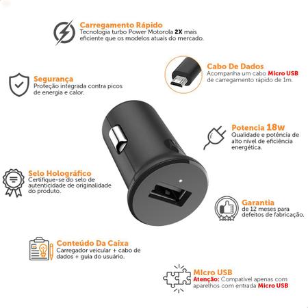 Imagem de Carregador Veicular Motorola Turbo Power 18w - Cabo Micro Usb Preto - Moto E5 Plus, G4 Plus, G5 Plus, G6 Play, E7 Plus, G4 Play, G5, G8 Power Lite