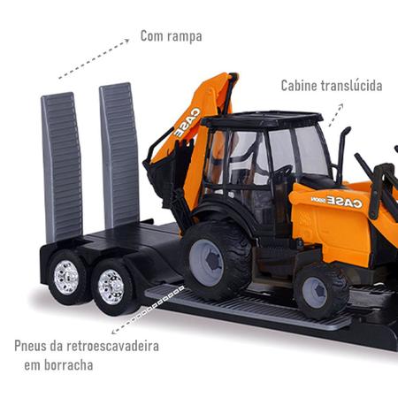 Brinquedo Caminhão Iveco Hi Way Plataforma Retroescavadeira Case  Construction Cinza