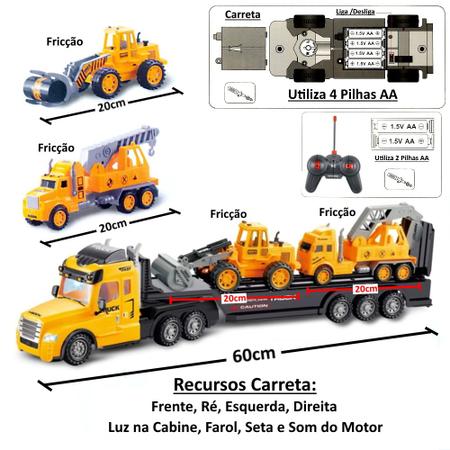 Carreta Prancha Controle Remoto Som Farol Seta + 2 Tratores e 2