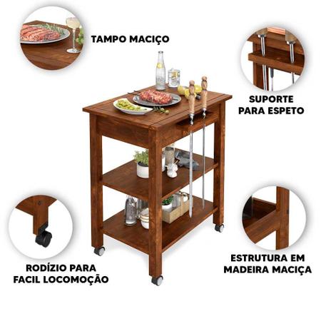Imagem de Carrinho Auxiliar Para Churrasco Gourmet Madeira Maciça Imbuia Star Quality