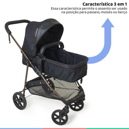 Imagem de Carrinho Bebe Infantil Napoli Galzerano 3em1 Berço Passeio Moises Travel System Cabo Alça Reversivel até 15Kg + Bebê Conforto + Base Para Carro