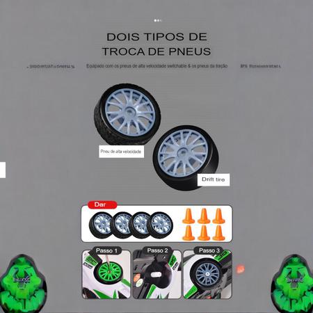 Imagem de Carrinho Carro De Controle Remoto, Drift com Rodas Extras, Cones Bateria Recarregável Faról 4x4 Rc