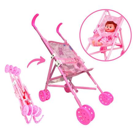 Imagem de Carrinho de Boneca Infantil Ninos Passeio Dobravel Rosa Luxo