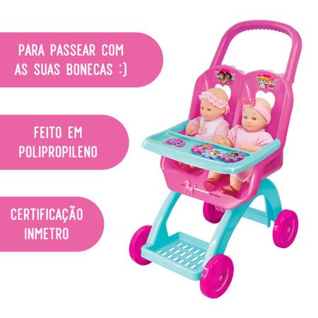 Imagem de Carrinho de Bonecas Duplo Infantil Bebê Reborn Rosa Passeio